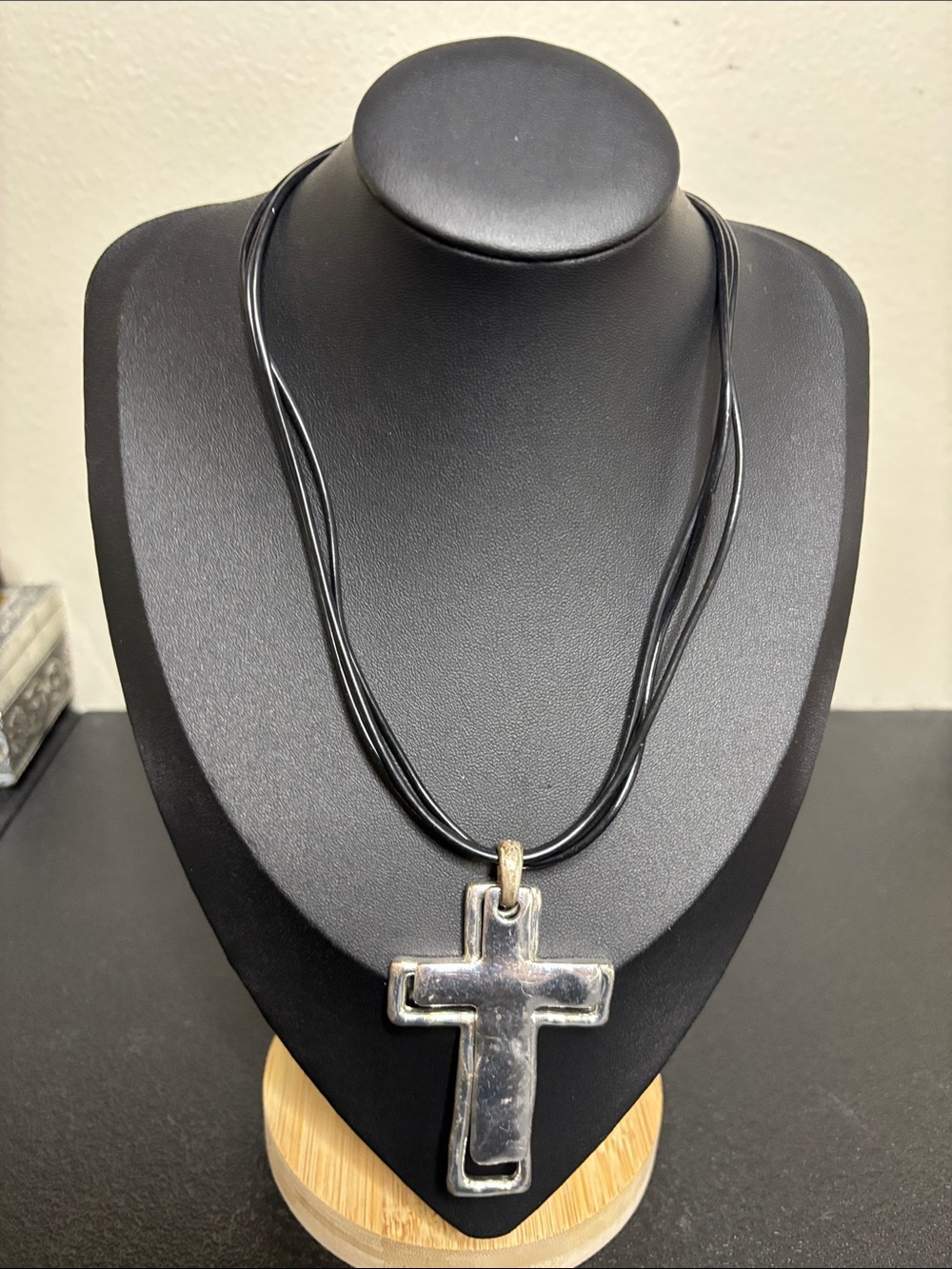 Silver Cross Necklace on Black Multi-Strand Cord